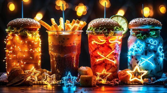 Render a neon sign of a retro diner, complete with glowing burgers, fries, and milkshakes, welcoming patrons to enjoy a