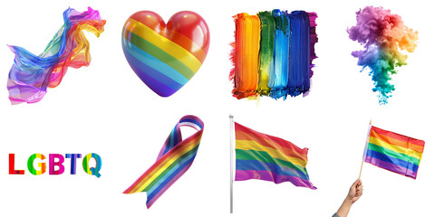 LGBTQ object transparent no bg set for decoration, flag wig and heart.