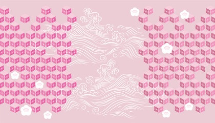 Traditional Japanese Art Backgrouns Paper,cover, Fabric Patchwork with Waves, Sakura flowers, Chrysanthemum Vector vintage illustration for packages, kimono