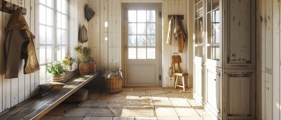 Cozy vintage mudroom interior bathed in natural light.