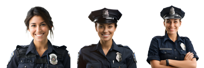 smiling female police officer isolated on a transparent PNG background, white background , cut out, clipping path, Generative Ai