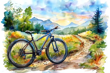 Watercolor painting of a mountain bike on a trail with scenic mountains and lush greenery in the background.