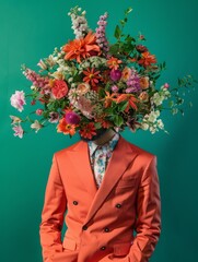 A man in a bright orange suit with a bouquet of multi-colored flowers instead of a head in fashion editorial style