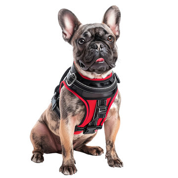Cute French Bulldog wearing a red harness, sitting and looking straight with tongue out, ready for a walk. Adorable pet on a white background.