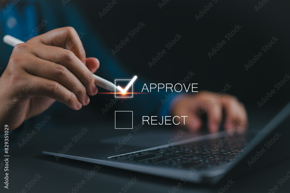 Poster Businessman putting a valid check mark in the check box to approve documents and project ideas