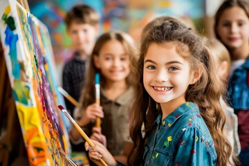 Group of children smiling and painting on canvases in an art class, expressing their creativity and having fun together.