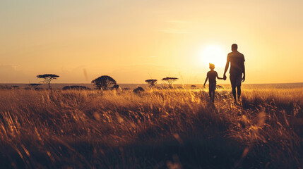 silhouette of father holding hand with son under sunset 