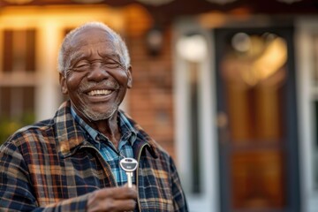 Joyful elderly African American man laughing while holding a key outside a home during golden hour.