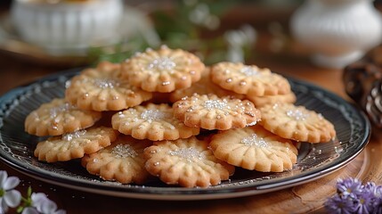A serving of delicate butter cookies, arranged on a platter.