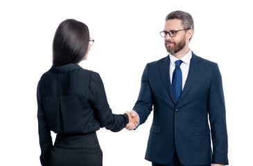 Fototapeta premium man and woman handshaking for successful cooperation isolated on white. business relationship. business cooperation success. businesspeople improve cooperation with supplier. Collaborative teamwork