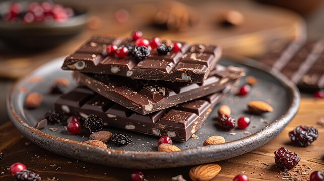 A serving of rich chocolate bark, topped with dried fruit.