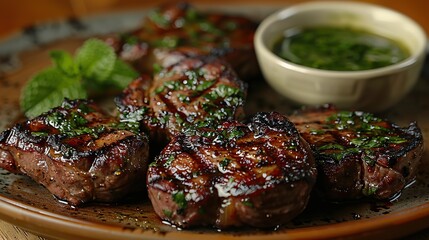 A plate of savory grilled lamb chops, served with mint sauce.