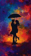 A silhouette of two lovers sharing an umbrella, with the colorful rainbow reflecting in their eyes as they embrace under the moonlight. 