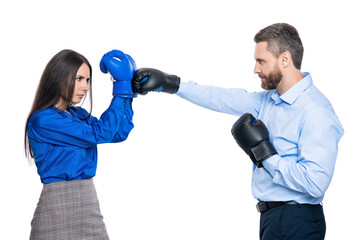 businesspeople in boxing gloves isolated on white. two businesspeople solving business conflict....