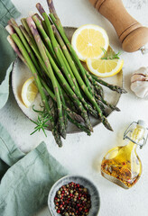 Bunches of green raw  asparagus.