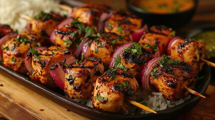 A dish of flavorful chicken and vegetable kebabs, served with rice.