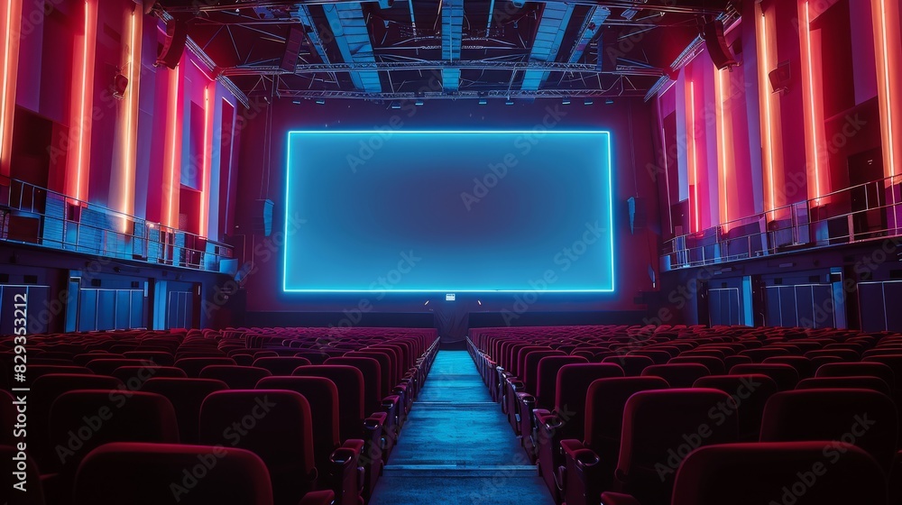 Aufkleber straight on view of extra large movie theatre screen in am empty dark movie theatre with accent ligh