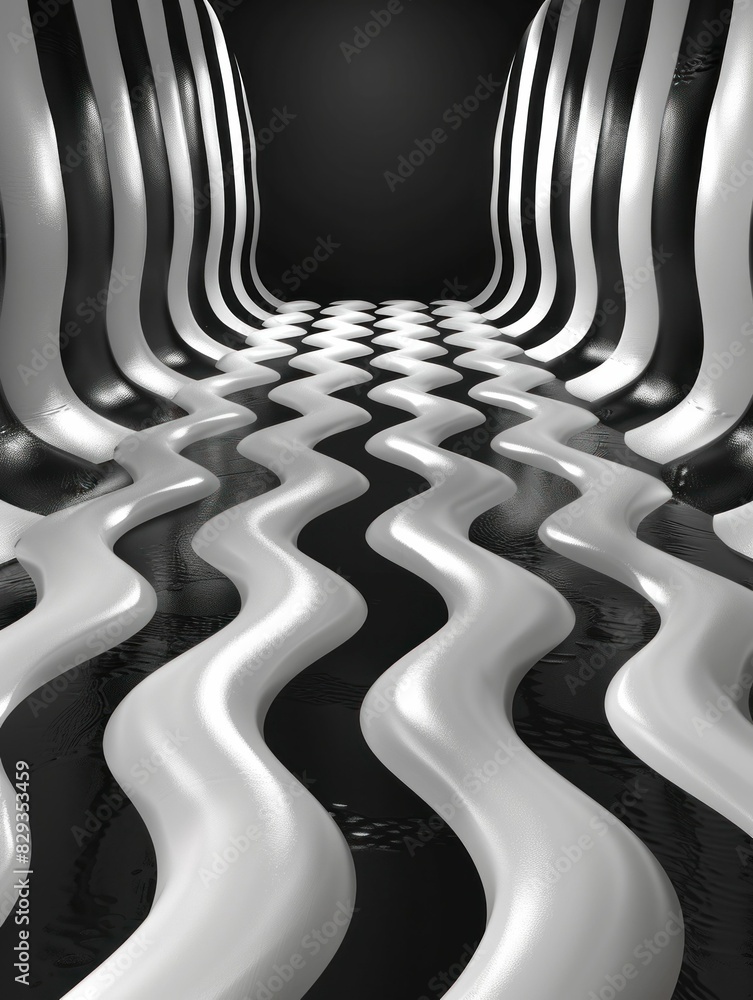 Poster monochrome tunnel with wavy lines abstract passage of travel and exploration in 3d environment