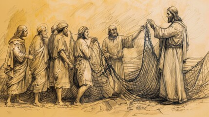 Biblical Illustration: The Miraculous Catch of Fish, Jesus Guides Disciples, Overflowing Nets, Astonished Fishermen, Beige Background, Copyspace