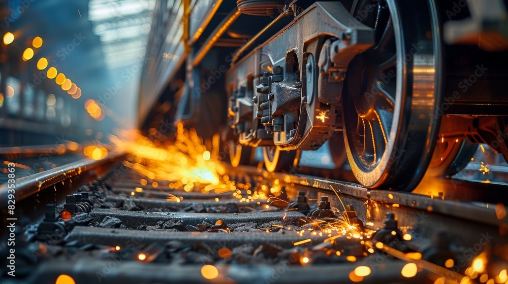Poster a close-up of a train wheel under braking. braking causes thousands of sparks to fly between the whe
