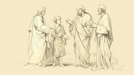 Biblical Illustration: The Finding in the Temple, Young Jesus Discussing with Teachers, Mary and Joseph Finding Him, Beige Background, Copyspace