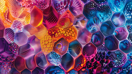 Produce AI art highlighting intricate hexagonal patterns crafted from interconnected dots, set against backgrounds in a variety of colorful hues.