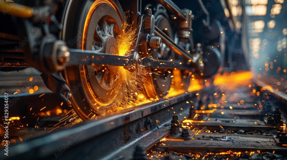 Poster a close-up of a train wheel under braking. braking causes thousands of sparks to fly between the whe