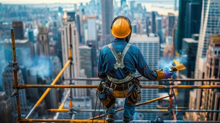 Fototapeta premium Construction worker masterfully welds on scaffolding against a city 