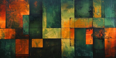 ankara artwork with large squares, thick lines, low detail, green, orange tones,aspect ratio 2:1, for fabric texture