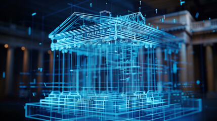 Obraz premium 3d blue prints of a bank building virtual hologram, digital banking 