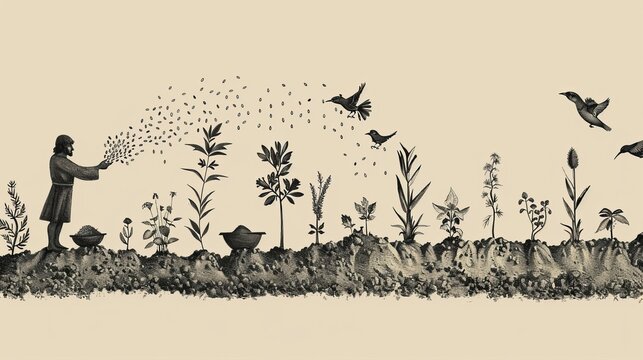 Biblical Illustration: The Parable of the Sower, Sower Scattering Seeds on Soil, Plants Growing, Birds Picking Seeds, Beige Background, Copyspace