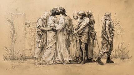 Fototapeta premium Biblical Illustration: The Betrayal by Judas, Judas Kissing Jesus in Garden of Gethsemane, Soldiers Arresting Jesus, Beige Background, Copyspace