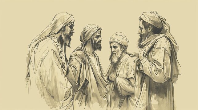 Biblical Illustration: The Plot to Kill Jesus, Religious Leaders Conspiring Against Jesus, Dark Conspiratorial Setting, Beige Background, Copyspace