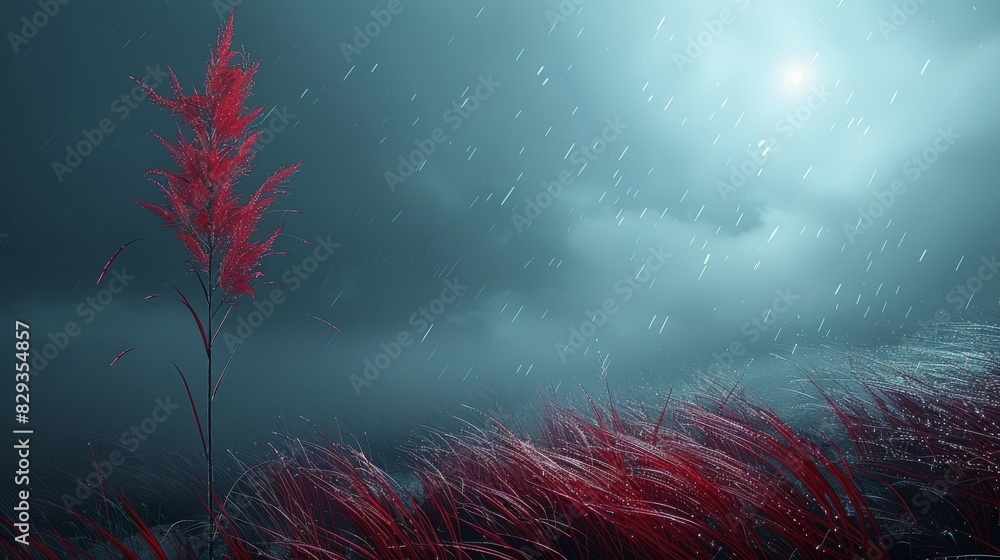Poster a dark foggy illustration of a blade of red grass. generative ai.