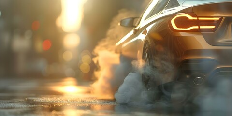 Smoke coming out of a car's exhaust tailpipe. Concept Automotive, Car Maintenance, Vehicle Emissions, Environmental Impact - Powered by Adobe