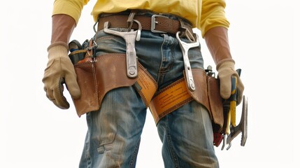Close-up image of a construction worker's midsection, showing a tool belt with various tools