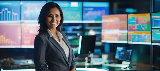 Businesswoman with stocks and trading background, Businesswoman Presents Data Insights to Corporate Team , Cooperate Business Women at Work with a digital tech background