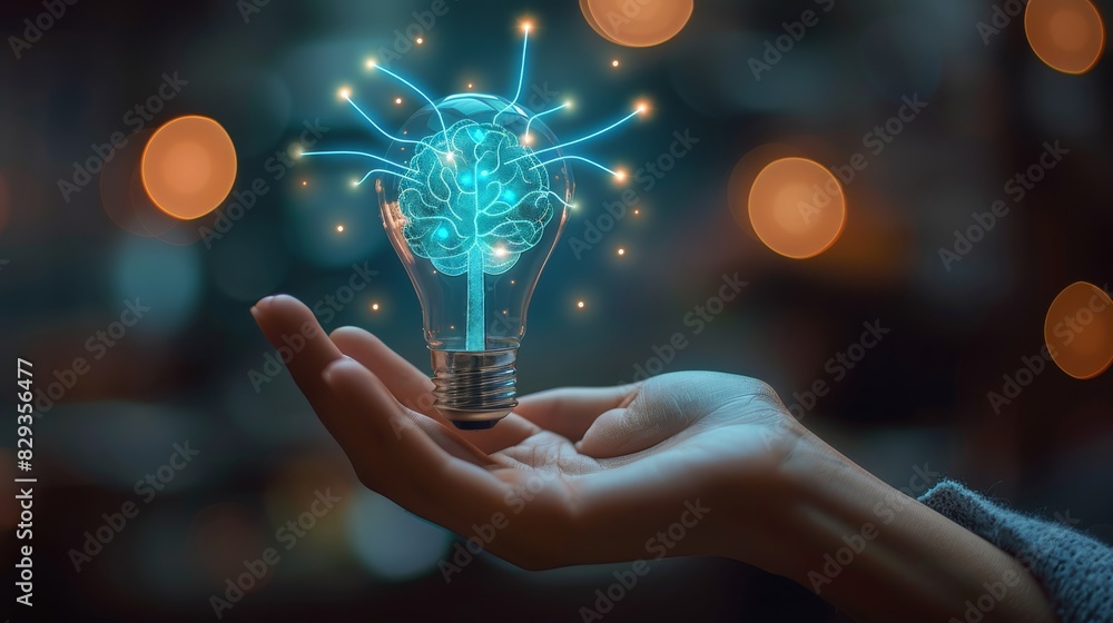 Poster An open palm and on top of it, a graphic representation of light bulb with its brain inside glows. light bulbs visually represent the concept of ideas or innovation that are captured. Generative AI.