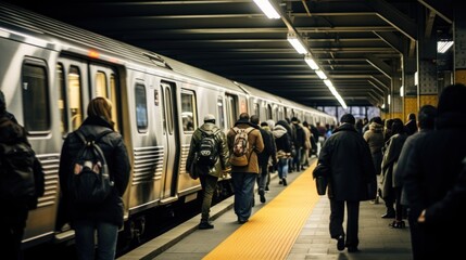 Fototapeta premium subway station filled with people, with a subway train arriving in the background