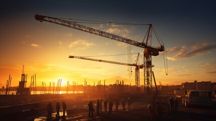 Obraz premium construction site with cranes and workers silhouetted against a golden sunset