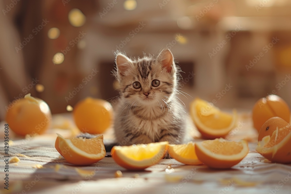 Poster a levitating cat is surrounded by floating slices of orange on a pastel color background