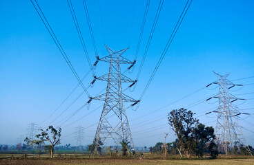 rows of electricity transmission towers across field in Baghmundi, Purulia, West Bengal. These...