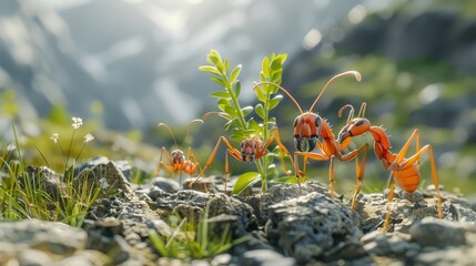 Ants carrying metal forks like spears, preparing for war, on rocks in front of mountains with grass. Generative AI.