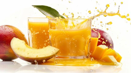 Vibrant image displaying fresh mango juice splashing around mango pieces and leaves on a white background