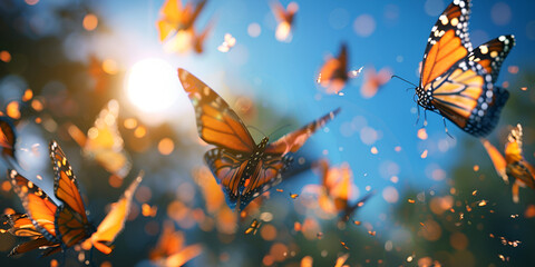  group of monarch butterflies flying in the air with the sunlight shining through