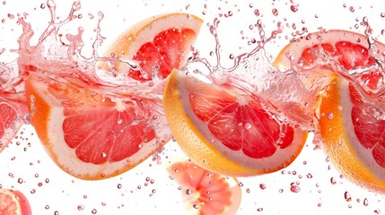 Fresh Slices Of Pink Grapefruit With Splashing Water Isolated On White Background Showing Citrus Freshness And Juicy Texture