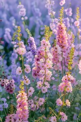 Obraz premium A serene display of pink and purple flowers in a lush garden setting with a soft focus background
