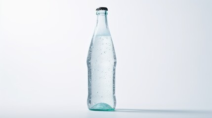 bottle of sparkling water with condensation forming on its surface,