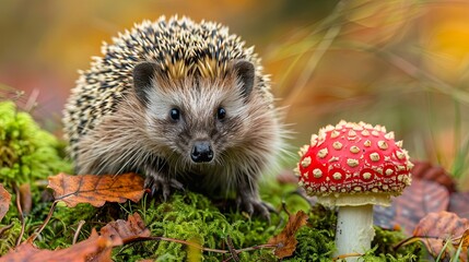 Fototapeta premium Hedgehog, (Scientific name: Erinaceus Europaeus) wild, native, European hedgehog with red Fly Agaric toadstool, and green moss. Facing forward. Autumn or fall. Close up. Horizontal. Space for copy