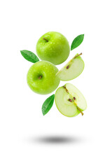 Flying group green apple with slices and green leaf isolated on white background.